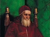 London National Gallery Next 20 05 Raphael - Pope Julius II Raphael - Portrait of Pope Julius II, 1512, 108 x 81 cm. This is a portrait of Pope Julius II, shortly before his death in 1513, wearing a red and white cape. The pope had grown a beard to show that he was upset about the loss of the city of Bologna. Julius II was a liberal patron of arts, employing Bramante for the design of St. Peter's cathedral, and bringing Raphael to Rome to decorate his private apartments and commissioning Michelangelo for the frescoes on the ceiling of the Sistine Chapel and for his own tomb. Julius is seated in an armchair adorned with his own personal emblem, the acorn. The pope�s head is in the centre of the painting, with a line emphasized down to the handkerchief in his hand.